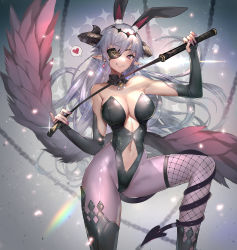 Rule 34 | 1girl, absurdres, animal ear fluff, animal ears, asymmetrical legwear, black leotard, breasts, cleavage, clothing cutout, demon horns, demon tail, detached collar, ear piercing, earrings, extra ears, eyepatch, fake animal ears, fishnet thighhighs, fishnets, grey hair, heart, highleg, highleg leotard, highres, hitowa, holding, holding riding crop, holding whip, horns, jewelry, large breasts, leotard, long hair, midriff, mismatched legwear, navel, original, pantyhose, piercing, pointy ears, purple pantyhose, rabbit ears, red eyes, riding crop, smile, solo, spoken heart, stomach cutout, strapless, strapless leotard, tail, tail around own leg, thighhighs, thighs, very long hair, wings