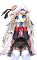 Rule 34 | 1girl, :d, absurdres, black jacket, black ribbon, blue eyes, cape, capelet, cup, grey skirt, hat, hat ribbon, head tilt, highres, holding, holding cup, invisible chair, jacket, kud wafter, little busters!, long hair, long sleeves, looking at viewer, miniskirt, na-ga, noumi kudryavka, official art, open mouth, pink neckwear, plaid, plaid skirt, pleated skirt, purple ribbon, ribbon, school uniform, silver hair, simple background, sitting, skirt, smile, solo, thighhighs, very long hair, white background, white cape, white capelet, white hat, white thighhighs, zettai ryouiki