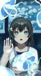 Rule 34 | 1girl, :o, absurdres, animal, aquarium, black hair, blue eyes, blurry, blurry background, collarbone, commentary, crossed bangs, hair between eyes, hair ornament, hand on glass, hands up, highres, holding, holding stuffed toy, indoors, jellyfish, kagura hikari, kani samurai, light blush, long hair, long sleeves, looking at viewer, parted lips, shirt, shoujo kageki revue starlight, solo, sparkle hair ornament, standing, stuffed animal, stuffed jellyfish, stuffed toy, upper body, white shirt