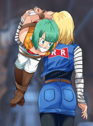 Rule 34 | 2girls, android 18, ass, bdsm, blonde hair, blue eyes, bondage, bound, bound ankles, bound legs, bound wrists, breasts, bulma, carrying, carrying over shoulder, cloth gag, dragon ball, dragonball z, from behind, gag, gagged, green hair, highres, improvised gag, jacket, lost one zero, multiple girls, over the mouth gag, pants, pantyhose, small breasts, white pants