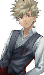 Rule 34 | 1boy, absurdres, bakugou katsuki, black vest, blonde hair, boku no hero academia, collared shirt, fengling (furin-jp), formal, hands in pockets, highres, looking at viewer, male focus, multicolored vest, official alternate costume, parted lips, red eyes, red vest, shirt, short hair, simple background, solo, spiked hair, vest, white background, white shirt