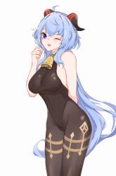 Rule 34 | 1girl, ;d, ahoge, bare arms, bare shoulders, bell, black leotard, black pantyhose, blue hair, blush, breasts, commentary request, covered navel, curled horns, eyebrows hidden by hair, ganyu (genshin impact), genshin impact, grey background, hair between eyes, hand up, highleg, highleg leotard, highres, horns, inniyik, leotard, long hair, looking at viewer, medium breasts, one eye closed, open mouth, pantyhose, purple eyes, simple background, smile, solo, standing, very long hair