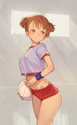 Rule 34 | 1girl, bad id, bad twitter id, ball, belly, blush, brown eyes, brown hair, buruma, character request, copyright request, cowboy shot, crop top, facing away, female focus, gym shorts, hair ornament, hairclip, highres, holding, holding ball, image sample, legs, light smile, looking away, matching hair/eyes, midriff, red shorts, short hair, short twintails, shorts, simple background, smile, solo, standing, sweatband, thick thighs, thighs, timbougami, twintails, twitter sample, underwear, volleyball (object), window