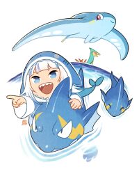 Rule 34 | 1girl, absurdres, animal hood, artist name, blue eyes, blue hair, blue hoodie, celaray, closed eyes, crossover, fins, fish tail, gawr gura, gawr gura (1st costume), gobfin, highres, hololive, hololive english, hood, hoodie, multicolored hair, open mouth, pal (creature), palworld, pointing, red eyes, rojen, shark girl, shark hood, shark tail, streaked hair, surfent, tail, teeth, upper teeth only, virtual youtuber, white hair