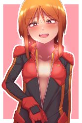 Rule 34 | 1girl, absurdres, blush, bright pupils, eyebrows hidden by hair, gundam, gundam zz, heart, heart-shaped pupils, heavy breathing, highres, looking at viewer, navel, onimaru (onimal7802), open mouth, orange hair, pilot suit, pink background, purple eyes, puru two, short hair, sidelocks, simple background, smile, solo, sweat, sweatdrop, symbol-shaped pupils, undressing, white pupils