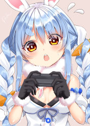 Rule 34 | 1girl, animal ear fluff, animal ears, bare shoulders, black gloves, blue hair, blue ribbon, blush, bow, braid, breasts, breasts apart, carrot hair ornament, commentary, controller, detached sleeves, don-chan (usada pekora), dress, flying sweatdrops, food-themed hair ornament, fur-trimmed gloves, fur scarf, fur trim, game controller, gamepad, gloves, grey background, hair between eyes, hair bow, hair ornament, hands up, highres, holding, holding controller, holding game controller, hololive, long hair, looking at viewer, multicolored hair, open mouth, orange eyes, puffy short sleeves, puffy sleeves, rabbit ears, ribbon, scarf, short sleeves, simple background, solo, strapless, strapless dress, sweatdrop, teeth, thick eyebrows, twin braids, twintails, two-tone hair, upper body, upper teeth only, usada pekora, usada pekora (1st costume), usagi koushaku, virtual youtuber, white bow, white dress, white hair, white scarf, white sleeves