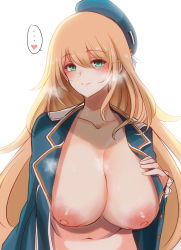 Rule 34 | ..., 10eki (tenchou), 1girl, absurdres, atago (kancolle), beret, blonde hair, blue eyes, blue hat, blush, breasts, breath, collarbone, hair between eyes, hat, heart, highres, kantai collection, large breasts, long hair, long sleeves, military, military uniform, navel, nipples, open clothes, sagging breasts, simple background, smile, solo, speech bubble, sweat, uniform, upper body, white background