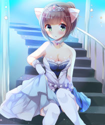 Rule 34 | 1girl, absurdres, animal ears, bare shoulders, blue dress, blush, breasts, brown hair, cat ears, cleavage, collarbone, commentary request, dress, foreshortening, gloves, green eyes, high ponytail, highres, idolmaster, idolmaster cinderella girls, jewelry, kemonomimi mode, kuriyuzu kuryuu, maekawa miku, medium breasts, necklace, parted lips, pearl necklace, ponytail, railing, short hair, sidelocks, sitting, sitting on stairs, solo, stairs, star (symbol), starry sky bright, strapless, strapless dress, thighhighs, tiara, white gloves, white thighhighs
