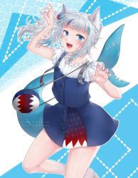 1girl animal_ears artist_name bag blue_bag blue_eyes blue_hair blue_skirt blue_vest cat_ears chanti_(chantilin) claw_pose commentary commentary_request english_commentary fins fish_tail flat_chest gawr_gura gawr_gura_(casual) highres hololive hololive_english mixed-language_commentary multicolored_hair official_alternate_costume open_mouth puffy_short_sleeves puffy_sleeves round_bag shark_tail sharp_teeth shirt short_sleeves shoulder_bag skirt smile solo streaked_hair tail teeth vest virtual_youtuber white_hair white_shirt