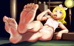 Rule 34 | 1girl, barefoot, blonde hair, blue eyes, bow, commentary request, feet, full body, hair between eyes, hair bow, hair ornament, hairclip, highres, kagamine rin, open mouth, panties, shirt, short hair, soles, solo, soon (c-u-soon), stomach, strap slip, tank top, teeth, toes, tongue, tongue out, underwear, vocaloid, white bow, white panties, white shirt