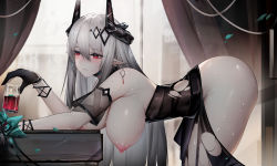 Rule 34 | 1girl, absurdres, arknights, ass, bad id, bad pixiv id, bare shoulders, bent over, binggong asylum, black dress, black gloves, breasts, chinese commentary, commentary, commentary request, dress, drink, earrings, flower, from side, gloves, grey hair, hanging breasts, highres, horns, jewelry, large breasts, long hair, mudrock (arknights), mudrock (obsidian) (arknights), nipples, official alternate costume, parted lips, petals, pointy ears, red eyes, revision, smile, solo, thighs, torn clothes, torn dress