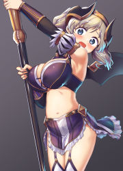 Rule 34 | 1girl, :o, akari (princess connect!), armor, armpits, bikini armor, blue eyes, blush, bra, breasts, cleavage, cowboy shot, demon girl, detached sleeves, frilled skirt, frills, garter straps, gradient background, grey background, grey hair, halterneck, head back, headband, holding, lace, lace-trimmed bra, lace trim, large breasts, looking at viewer, midriff, navel, princess connect!, purple skirt, sakimori dan, short hair, simple background, skirt, solo, staff, standing, underwear, wings