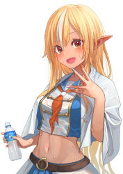 Rule 34 | 1girl, :d, blonde hair, blue nails, bottle, dark-skinned female, dark skin, fingernails, holding, holding bottle, hololive, long hair, looking at viewer, midriff, multicolored hair, multicolored nails, nail polish, navel, neckerchief, open mouth, orange nails, orange neckerchief, pointy ears, red eyes, sakumichi, shiranui flare, simple background, smile, solo, stomach, streaked hair, sweat, virtual youtuber, water bottle, white background, white hair