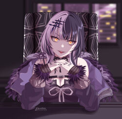 Rule 34 | 1girl, black choker, black coat, black dress, black hair, blunt bangs, breasts, chair, chest belt, choker, cleavage, coat, desk, dress, frilled choker, frills, fur-trimmed coat, fur trim, glowing, glowing eyes, hair ornament, highres, hololive, hololive english, large breasts, looking at viewer, medium hair, multicolored hair, own hands together, pluv hill, shiori novella, shiori novella (1st costume), split-color hair, teeth, tongue, tongue out, upper teeth only, virtual youtuber, white hair, window, yellow eyes, yorick (shiori novella)