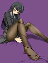 Rule 34 | 1girl, black hair, blazer, blunt bangs, cle masahiro, controller, feet, female protagonist (houkago play), game console, game controller, gamepad, grey eyes, hime cut, houkago play, jacket, legs, long hair, naughty face, necktie, pantyhose, saliva, school uniform, sitting, solo, tongue