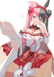 Rule 34 | 1girl, absurdres, animal ears, blue eyes, breasts, double bun, earrings, food-themed earrings, food-themed hair ornament, food themed earrings, hair bun, hair ornament, highres, iris black games, jewelry, large breasts, leg ribbon, multicolored hair, off shoulder, okishiro, pink hair, rabbit ears, red ribbon, ribbon, see-through socks, split-color hair, strawberry earrings, strawberry hair ornament, tachibana hinano (vtuber), thighhighs, two-tone hair, two side up, virtual youtuber, vspo!, white thighhighs