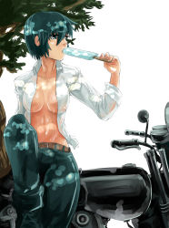 Rule 34 | 00s, abs, belt, breasts, dress shirt, eating, food, green eyes, green hair, hermes (kino no tabi), highres, kino (kino no tabi), kino no tabi, motor vehicle, motorcycle, open clothes, open shirt, popsicle, pouch, shade, shirt, short hair, sideboob, sitting, sweat, tenpalion444, tree, vehicle