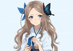 Rule 34 | 10s, 1girl, artist name, asakaze (kancolle), blue eyes, blush, bow, brown hair, bug, butterfly, butterfly on head, frown, hair bow, hair ribbon, hita (hitapita), insect, japanese clothes, kantai collection, kimono, light brown hair, long hair, meiji schoolgirl uniform, parted bangs, ribbon, sidelocks, simple background, solo, upper body, wavy hair