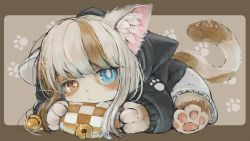 Rule 34 | 1girl, animal ear fluff, animal ears, animal hands, bell, black hoodie, blush, bright pupils, brown hair, cat ears, cat girl, cat tail, commission, ebimomo, female focus, furry, furry female, heterochromia, highres, hood, hoodie, indie virtual youtuber, jingle bell, looking at viewer, lying, multicolored hair, pawpads, second-party source, shorts, solo, tail, whiskers, white hair, white pupils, white shorts