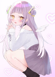 Rule 34 | 1girl, alternate costume, angel wings, arms on knees, black choker, black footwear, blush, choker, commentary request, double bun, grey hair, grey skirt, hair bun, hakua aa, heart, highres, hololive, interlocked fingers, long hair, long sleeves, looking at viewer, mini wings, murasaki shion, off shoulder, open mouth, own hands clasped, own hands together, pleated skirt, purple nails, sidelocks, skirt, solo, squatting, sweater, virtual youtuber, white sweater, white wings, wings, yellow eyes
