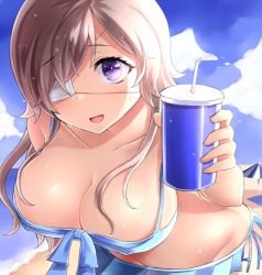 Rule 34 | 1girl, beach, beach towel, beach umbrella, bent over, bikini, bikini top only, blue bikini, blue sky, blush, breasts, brown hair, cleavage, cloud, commentary request, cup, day, disposable cup, drinking straw, eyepatch, front-tie top, highres, large breasts, long hair, looking at viewer, medical eyepatch, neit ni sei, ocean, one eye covered, open mouth, original, outdoors, purple eyes, shadow, side-tie bikini bottom, sky, smile, solo, sweat, swimsuit, towel, umbrella