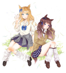 Rule 34 | 2girls, alternate costume, animal ears, blonde hair, blue bow, blue bowtie, bow, bowtie, brown cardigan, brown footwear, brown hair, cardigan, clothes around waist, collared shirt, ear bow, gold city (umamusume), green eyes, grey sweater, gyaru, highres, horse ears, horse girl, jewelry, loafers, long sleeves, looking at viewer, loose socks, multiple girls, naba (whitejewelry), necklace, plaid, plaid skirt, pleated skirt, purple bow, purple skirt, school uniform, shirt, shoes, skirt, sleeves rolled up, smile, socks, sweater, sweater around waist, tosen jordan (umamusume), twintails, umamusume, wavy hair, white background, white shirt, white socks