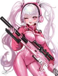 Rule 34 | 1girl, ;d, absurdres, alice (nikke), animal ear headphones, animal ears, blush, bodysuit, breasts, clothes writing, contrapposto, cowboy shot, dot nose, eyelashes, fake animal ears, goddess of victory: nikke, gun, hair intakes, headphones, headset, highres, holding, holding gun, holding weapon, impossible bodysuit, impossible clothes, jacket, latex, latex bodysuit, long hair, looking at viewer, medium breasts, one eye closed, open mouth, pink bodysuit, pink eyes, pink headphones, red jacket, rifle, rosebell, shiny clothes, shrug (clothing), signature, simple background, skin tight, smile, solo, standing, thighs, twintails, weapon, white background, white hair