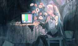 Rule 34 | 1girl, amputee, aqua hair, arm tattoo, black sleeves, chinese commentary, closed eyes, commentary, cracked skin, detached sleeves, flower, hair ornament, hatsune miku, highres, layao, necktie, pleated skirt, sitting, skirt, solo, tattoo, television, thighhighs, torn clothes, twintails, vocaloid