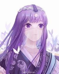 Rule 34 | 1girl, bug, butterfly, closed mouth, dress, frills, from below, glowing butterfly, hair ornament, highres, insect, long hair, looking up, purple dress, purple hair, qinshi mingyue, second-party source, shao siming (qin shi ming yue), solo, tiaowen buding nai lu, upper body, veil