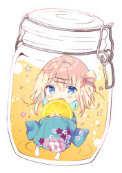 Rule 34 | 1girl, blonde hair, blue eyes, blue hair, blue kimono, blush, bottle, chibi, commentary request, floral print, food, fruit, hair between eyes, hair ornament, hairclip, in bottle, in container, japanese clothes, kimono, knees up, lemon, lemon slice, long sleeves, looking at viewer, mayu (yuizaki kazuya), multicolored hair, hugging object, one side up, open mouth, original, print kimono, simple background, solo, star (symbol), tabi, two-tone hair, white background, white legwear, yuizaki kazuya