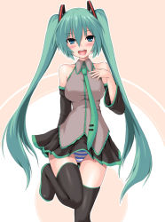Rule 34 | 1girl, arm behind back, bare shoulders, blush, boots, detached sleeves, green eyes, green hair, hand on own chest, hatsune miku, kokorono arika, long hair, matching hair/eyes, necktie, open mouth, panties, pantyshot, skirt, solo, standing, standing on one leg, striped clothes, striped panties, thigh boots, thighhighs, twintails, underwear, upskirt, very long hair, vocaloid