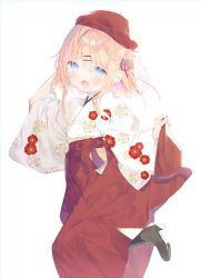 Rule 34 | 1girl, :d, arm behind head, arm up, beret, black footwear, blonde hair, blue eyes, blush, boots, commentary request, cross-laced footwear, floral print, hair between eyes, hair ornament, hairclip, hakama, hakama skirt, hat, high heel boots, high heels, japanese clothes, kimono, lace-up boots, long sleeves, looking at viewer, open mouth, original, red hakama, red hat, simple background, skirt, smile, solo, white background, white kimono, wide sleeves, yuizaki kazuya