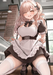 Rule 34 | 1girl, apron, black bow, black bowtie, black footwear, black ribbon, blush, bow, bowtie, breasts, brown eyes, brown hair, commentary request, detached collar, hair ornament, highres, kneeling, large breasts, long hair, looking at viewer, maid headdress, monaka curl, original, parted lips, ribbon, short sleeves, side ponytail, smile, solo, thighhighs, thighs, white apron, white headwear, white thighhighs, wooden floor