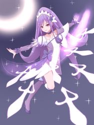 Rule 34 | 1girl, alternate hairstyle, boots, choker, cure sword, dokidoki! precure, earrings, hair ornament, highres, jewelry, kenzaki makoto, long hair, magic, magical girl, outstretched arms, ponytail, precure, purple eyes, purple footwear, purple hair, purple skirt, skirt, smile, solo, spade (shape), spade earrings, spade hair ornament, spread arms, sword, unpale, weapon