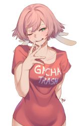 Rule 34 | 1girl, arm behind back, breasts, clothes writing, collarbone, cum, facial, female focus, frenchvanillu, genshin impact, green eyes, hair ornament, highres, medium breasts, one eye closed, open mouth, pink hair, red shirt, shirt, short sleeves, simple background, solo, t-shirt, teeth, upper teeth only, white background, yanfei (genshin impact)
