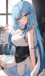 Rule 34 | 1girl, ahoge, blue hair, blue jacket, blue skirt, blush, braid, breasts, cleavage, closed mouth, corset, crossed bangs, elf, frilled skirt, frills, hair between eyes, half updo, heart, heart ahoge, highres, hololive, indoors, jacket, large breasts, long hair, looking at viewer, multicolored hair, open clothes, open jacket, pointy ears, shirt, sitting, skirt, sleeves past wrists, snowflake print, solo, streaked hair, thomas 8000, very long hair, virtual youtuber, white shirt, wide sleeves, window, yellow eyes, yukihana lamy