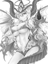 Rule 34 | 1girl, ;q, breasts, demon girl, demon wings, fingernails, gloves, greyscale, hera (p&amp;d), highres, horns, large breasts, long fingernails, monochrome, one eye closed, puzzle &amp; dragons, tail, tongue, tongue out, uko, uko magi, wings, wink