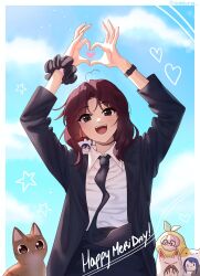 Rule 34 | 1girl, annidrw, black necktie, brown eyes, brown hair, brown pants, cat, formal, happy birthday, heart, heart hands, highres, long hair, necktie, open mouth, original, pants, shirt, solo, suit, teeth, tongue, white shirt, wristband