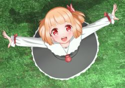 Rule 34 | 1girl, :d, black skirt, black vest, blonde hair, blush, bright pupils, collarbone, day, eyelashes, frilled skirt, frills, from above, grass, hair ribbon, highres, long sleeves, looking at viewer, looking up, open hands, open mouth, outdoors, outstretched arms, red eyes, red neckwear, ribbon, roco (katsuya1011), rumia, shadow, shirt, short hair, skirt, smile, solo, spread arms, standing, teeth, thick eyebrows, touhou, upper teeth only, vest, white pupils, white shirt, wrist ribbon