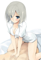 Rule 34 | 10s, 1girl, blue eyes, blush, breasts, character name, cleavage, collarbone, cowgirl position, eyes visible through hair, girl on top, hair ornament, hair over one eye, hairclip, hamakaze (kancolle), kantai collection, large breasts, naked shirt, name tag, revision, shirt, short hair, silver hair, simple background, sitting, sitting on person, solo focus, straddling, white background, zekkyon