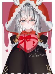 Rule 34 | 1girl, aya62771779, black dress, bow, bowtie, box, dress, feathers, frilled dress, frills, gift, grey eyes, grey hair, grey hood, hair between eyes, happy valentine, hat feather, heart-shaped box, highres, holding, holding gift, looking at viewer, no.21: xxi (red hoodie) (punishing: gray raven), no.21 (punishing: gray raven), punishing: gray raven, red bow, red bowtie, red hood, sleeves past fingers, sleeves past wrists, solo, two-sided hood, white feathers