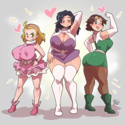 Rule 34 | 3girls, black hair, blonde hair, blue eyes, breasts, brown eyes, brown hair, curvy, covered erect nipples, green eyes, heart, highres, huge breasts, large breasts, long hair, looking at viewer, multiple girls, nipples, ryou sakai, short hair, smile, standing, thick thighs, thighs, tongue, tongue out, wide hips