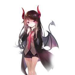 Rule 34 | 1girl, black coat, black skirt, brown hair, brown shirt, coat, deany, demon girl, demon tail, demon wings, facial mark, hand in pocket, hand to own mouth, horns, long hair, necktie, red eyes, red necktie, shirt, skirt, solo, soulworker, stella unibell, tail, thigh gap, wings