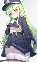 Rule 34 | 1girl, absurdres, belt, black belt, black hat, black jacket, black skirt, black tail, blue archive, blush, breasts, closed mouth, cowboy shot, demon tail, gloves, green hair, green halo, grey background, halo, hat, hikari (blue archive), highres, jacket, long hair, long sleeves, looking at viewer, panties, panties under pantyhose, pantyhose, peaked cap, pizza (pizzania company), pleated skirt, pointy ears, polka dot, polka dot panties, simple background, skirt, small breasts, solo, tail, underwear, white gloves, white panties, white pantyhose, yellow eyes