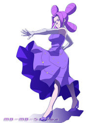 Rule 34 | 00s, 1girl, creatures (company), dress, elbow gloves, fantina (pokemon), game freak, gloves, gym leader, high heels, mo-mo, nintendo, outstretched arm, pokemon, pokemon dppt, purple dress, purple eyes, purple hair, quad tails, shoes, smile, solo, white gloves, wind, wind lift