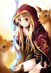 Rule 34 | 1girl, black leotard, black ribbon, blonde hair, cape, deer, ereshkigal (fate), fate/grand order, fate (series), hand on lap, highres, holding, holding staff, hood, hood up, hooded, leotard, long hair, looking at viewer, red cape, ribbon, shumiao, solo, staff, standing