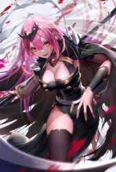 Rule 34 | 1girl, black cape, black dress, black nails, black sleeves, black thighhighs, breasts, cape, cleavage, detached sleeves, dress, ear piercing, earrings, gold earrings, highres, holding, holding scythe, holding weapon, hololive, hololive english, jewelry, kenko (a143016), large breasts, long hair, looking at viewer, mori calliope, mori calliope (1st costume), nail polish, open mouth, piercing, pink hair, red eyes, scythe, single sleeve, single thighhigh, smile, solo, spiked cape, thighhighs, veil, virtual youtuber, weapon