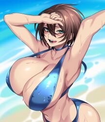 Rule 34 | 1girl, absurdres, armpits, arms behind head, ass, beach, bikini, blue bikini, blush, breasts, brown hair, curvy, highres, huge breasts, hz (666v), large breasts, looking at viewer, mole, mole on breast, ocean, open mouth, original, paid reward available, sand, short hair, swimsuit, upper body
