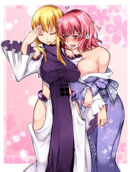 Rule 34 | 2girls, adapted costume, aoshima, areola slip, blonde hair, blush, breasts, check translation, commentary, embarrassed, hair ornament, hand on forehead, hand on own head, heart, highres, impossible clothes, japanese clothes, kimono, large breasts, lips, looking at another, multiple girls, no headwear, no headwear, partially undressed, pink eyes, pink hair, saigyouji yuyuko, short hair, sweatdrop, touhou, translation request, yakumo yukari, yuri