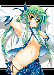 Rule 34 | 1girl, alternate hairstyle, armpits, bare shoulders, breasts, brown eyes, detached sleeves, female focus, frog, green hair, groin, hair ornament, kai yuuki, kochiya sanae, long hair, navel, no bra, no panties, outstretched arms, smile, snake, solo, spread arms, touhou, twintails